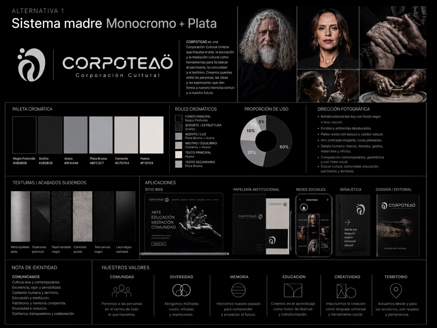 Sistema visual CORPOTEAÖ con retratos, manos, materiales y aplicaciones de marca